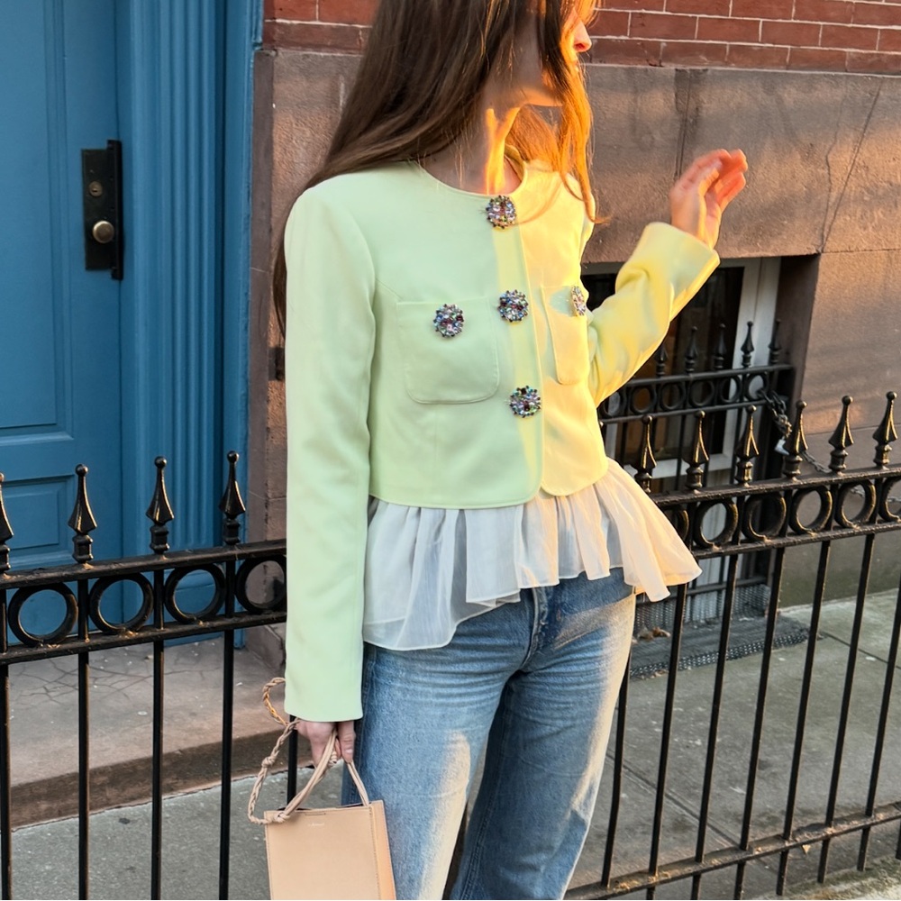 Light Green Cinq A Sept Cropped Jacket with Embellished Buttons